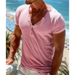 Discount OUKU Men's T Shirt Henley Shirt Tee Short Sleeve Shirt Short Sleeve V Neck Summer Plain Fashion Designer Basic Buttons Vacation Street Going out Top Tee for Men Pink