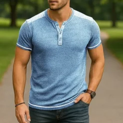 Best OUKU Men's T Shirt Henley Shirt Tee Short Sleeve Shirt Short Sleeve Henley Summer Spring Striped Fashion Designer Basic Buttons Vacation Street Going out Light Blue Black Navy Blue Top Tee for Men