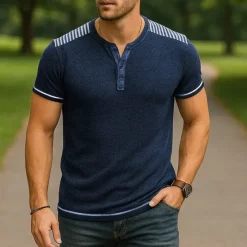 Best OUKU Men's T Shirt Henley Shirt Tee Short Sleeve Shirt Short Sleeve Henley Summer Spring Striped Fashion Designer Basic Buttons Vacation Street Going out Light Blue Black Navy Blue Top Tee for Men