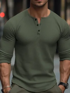 Best OUKU Men's T Shirt Henley Shirt Tee Top Long Sleeve Shirt Long Sleeve Plain Fashion Designer Basic Henley Vacation Street Going out Spring & Fall Black White Navy Blue Henley T-Shirt