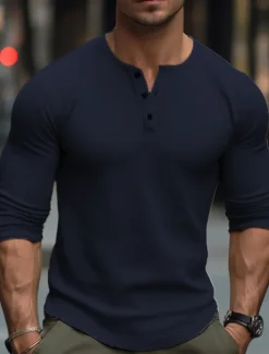 Best OUKU Men's T Shirt Henley Shirt Tee Top Long Sleeve Shirt Long Sleeve Plain Fashion Designer Basic Henley Vacation Street Going out Spring & Fall Black White Navy Blue Henley T-Shirt
