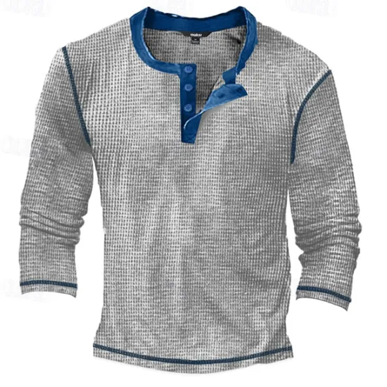 Outlet OUKU Men's T Shirt Henley Shirt Waffle Knit Tee Tee Top Long Sleeve Shirt Long Sleeve Color Block Fashion Designer Basic Patchwork Henley Vacation Street Going out Spring & Fall Black White Blue Henley