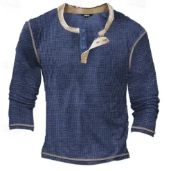 Outlet OUKU Men's T Shirt Henley Shirt Waffle Knit Tee Tee Top Long Sleeve Shirt Long Sleeve Color Block Fashion Designer Basic Patchwork Henley Vacation Street Going out Spring & Fall Black White Blue Henley