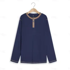 Outlet OUKU Men's T Shirt Henley Shirt Waffle Knit Tee Tee Top Long Sleeve Shirt Long Sleeve Color Block Fashion Designer Basic Patchwork Henley Vacation Street Going out Spring & Fall Black White Blue Henley