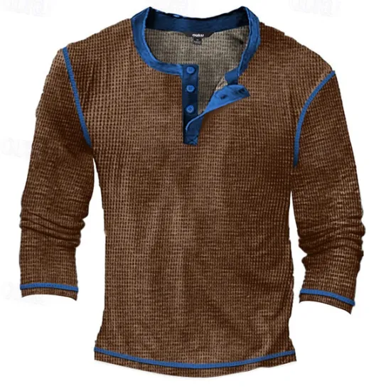 Outlet OUKU Men's T Shirt Henley Shirt Waffle Knit Tee Tee Top Long Sleeve Shirt Long Sleeve Color Block Fashion Designer Basic Patchwork Henley Vacation Street Going out Spring & Fall Black White Blue Henley