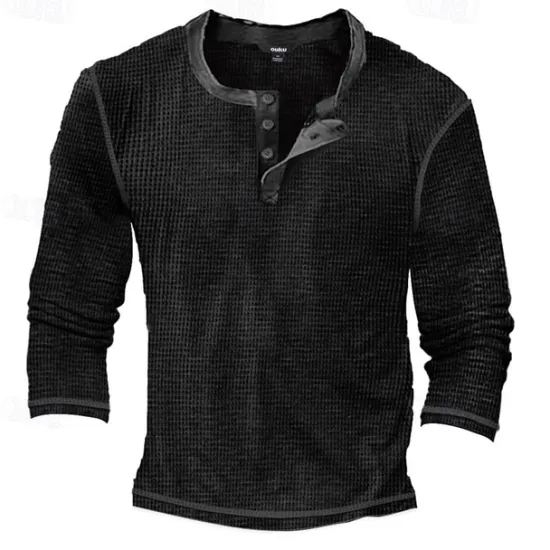 Outlet OUKU Men's T Shirt Henley Shirt Waffle Knit Tee Tee Top Long Sleeve Shirt Long Sleeve Color Block Fashion Designer Basic Patchwork Henley Vacation Street Going out Spring & Fall Black White Blue Henley