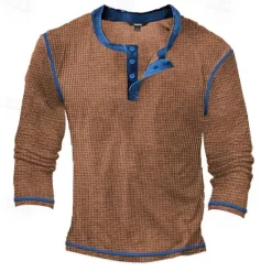 Outlet OUKU Men's T Shirt Henley Shirt Waffle Knit Tee Tee Top Long Sleeve Shirt Long Sleeve Color Block Fashion Designer Basic Patchwork Henley Vacation Street Going out Spring & Fall Black White Blue Henley