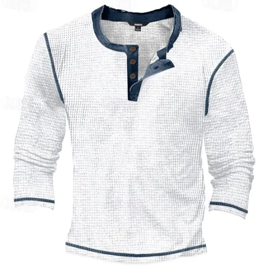 Outlet OUKU Men's T Shirt Henley Shirt Waffle Knit Tee Tee Top Long Sleeve Shirt Long Sleeve Color Block Fashion Designer Basic Patchwork Henley Vacation Street Going out Spring & Fall Black White Blue Henley