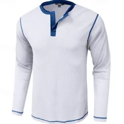 Outlet OUKU Men's T Shirt Henley Shirt Waffle Knit Tee Tee Top Long Sleeve Shirt Long Sleeve Color Block Fashion Designer Basic Patchwork Henley Vacation Street Going out Spring & Fall Black White Blue Henley