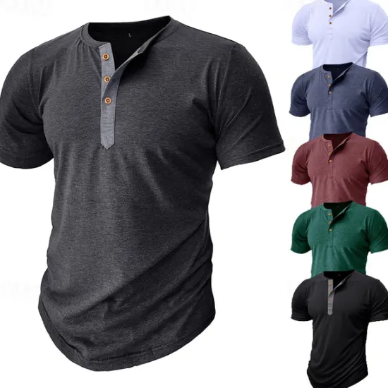 Sale OUKU Men's T Shirt Henley Shirt Tee Top Short Sleeve Plain Fashion Designer Basic Button Up Henley Vacation Street Going out Spring & Summer Black White Light Green Henley T-Shirt