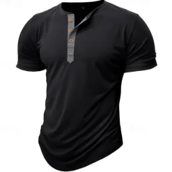 Sale OUKU Men's T Shirt Henley Shirt Tee Top Short Sleeve Plain Fashion Designer Basic Button Up Henley Vacation Street Going out Spring & Summer Black White Light Green Henley T-Shirt