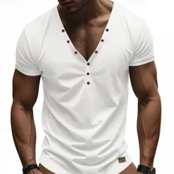 Sale OUKU Men's T Shirt Henley Shirt Tee Short Sleeve Shirt Short Sleeve V Neck Summer Plain Fashion Designer Basic Plain Vacation Street Going out White Black Light Blue Top Tee for Men