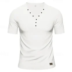 Sale OUKU Men's T Shirt Henley Shirt Tee Short Sleeve Shirt Short Sleeve V Neck Summer Plain Fashion Designer Basic Plain Vacation Street Going out White Black Light Blue Top Tee for Men