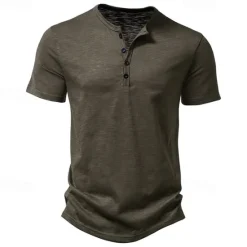 Outlet OUKU Men's T Shirt Henley Shirt Tee Top Short Sleeves Plain Designer Basic Modern Contemporary Buttons Henley Vacation Street Going out Summer Army Green Black White Henley T-Shirt