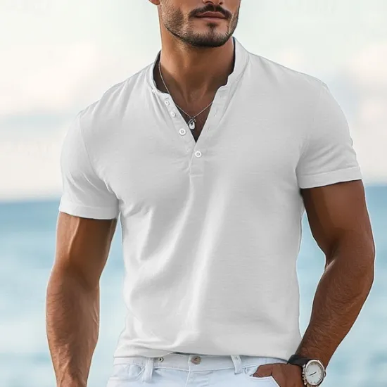 Online OUKU Men's T shirt Henley Shirt Tee Top Short Sleeves Plain Designer Basic Modern Contemporary Buttons Henley Vacation Street Going out Summer Wine Black White Henley T-Shirt
