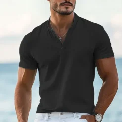 Online OUKU Men's T shirt Henley Shirt Tee Top Short Sleeves Plain Designer Basic Modern Contemporary Buttons Henley Vacation Street Going out Summer Wine Black White Henley T-Shirt