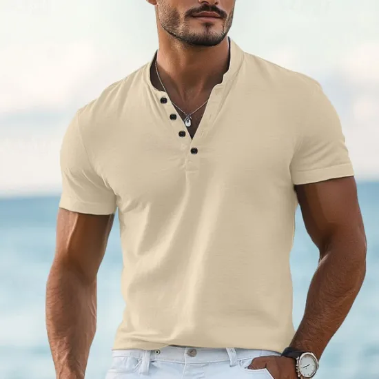 Online OUKU Men's T shirt Henley Shirt Tee Top Short Sleeves Plain Designer Basic Modern Contemporary Buttons Henley Vacation Street Going out Summer Wine Black White Henley T-Shirt