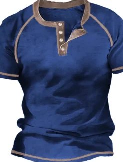 Clearance OUKU Men's T Shirt Henley Shirt Cool Shirt Short Sleeves Plain Designer Basic Modern Contemporary Vintage Style Henley Vacation Street Going out Summer Wine Black Navy Blue Henley T-Shirt