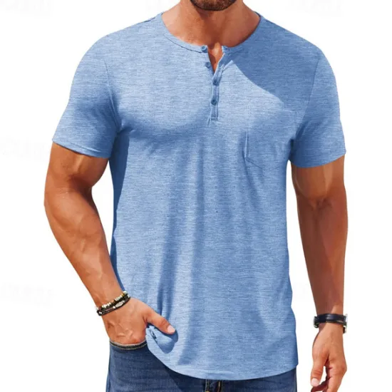 OUKU Men's T Shirt Henley Shirt Tee Short Sleeve Shirt Short Sleeve Henley Summer Color Block Fashion Designer Basic Buttons Vacation Street Going out Black White Blue Top Tee for Men