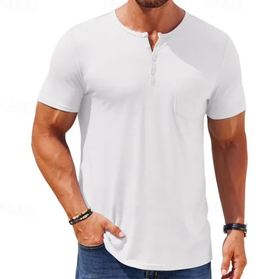 OUKU Men's T Shirt Henley Shirt Tee Short Sleeve Shirt Short Sleeve Henley Summer Color Block Fashion Designer Basic Buttons Vacation Street Going out Black White Blue Top Tee for Men