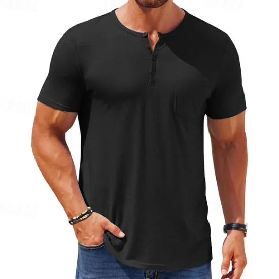 OUKU Men's T Shirt Henley Shirt Tee Short Sleeve Shirt Short Sleeve Henley Summer Color Block Fashion Designer Basic Buttons Vacation Street Going out Black White Blue Top Tee for Men