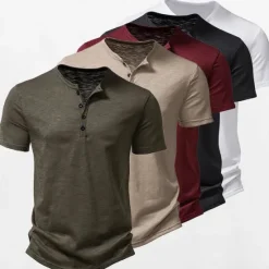 OUKU Men's T Shirt Henley Shirt Tee Top Short Sleeves Plain Designer Basic Modern Contemporary Buttons Henley Vacation Street Going out Summer Wine Black White Henley T-Shirt
