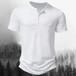 OUKU Men's T Shirt Henley Shirt Tee Top Short Sleeves Plain Designer Basic Modern Contemporary Buttons Henley Vacation Street Going out Summer Wine Black White Henley T-Shirt
