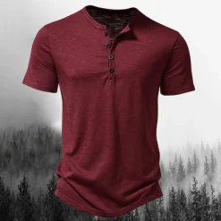 OUKU Men's T Shirt Henley Shirt Tee Top Short Sleeves Plain Designer Basic Modern Contemporary Buttons Henley Vacation Street Going out Summer Wine Black White Henley T-Shirt