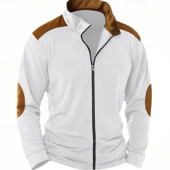 Discount OUKU Men's T Shirt Jacket Waffle Knit Tee Tee Top Long Sleeve Standing Collar Spring & Fall Color Block Fashion Designer Basic Zip Up Patchwork Vacation Street Going out White Blue Khaki Top Tee for Men
