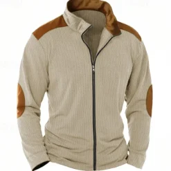 Discount OUKU Men's T Shirt Jacket Waffle Knit Tee Tee Top Long Sleeve Standing Collar Spring & Fall Color Block Fashion Designer Basic Zip Up Patchwork Vacation Street Going out White Blue Khaki Top Tee for Men