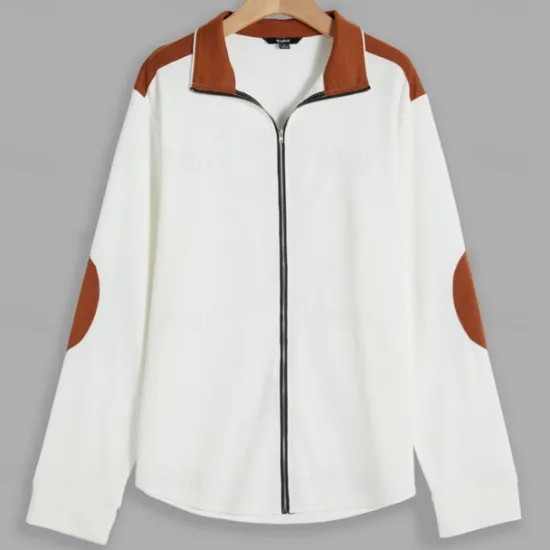 Discount OUKU Men's T Shirt Jacket Waffle Knit Tee Tee Top Long Sleeve Standing Collar Spring & Fall Color Block Fashion Designer Basic Zip Up Patchwork Vacation Street Going out White Blue Khaki Top Tee for Men