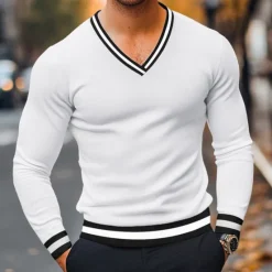 Best OUKU Men's T Shirt Knit Tee Long Sleeve V Neck Winter Spring & Fall Solid Color Knitwear V Neck Casual Daily Black White Yellow Top Tee for Men