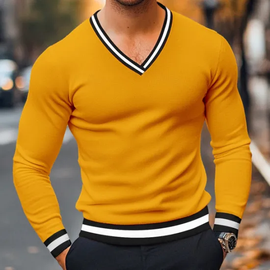 Best OUKU Men's T Shirt Knit Tee Long Sleeve V Neck Winter Spring & Fall Solid Color Knitwear V Neck Casual Daily Black White Yellow Top Tee for Men