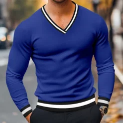 Best OUKU Men's T Shirt Knit Tee Long Sleeve V Neck Winter Spring & Fall Solid Color Knitwear V Neck Casual Daily Black White Yellow Top Tee for Men