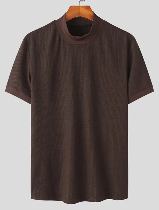 Outlet OUKU Men's T Shirt Knit Tee Tee Top Mock Turtleneck Short Sleeves Turtleneck Summer Plain Fashion Designer Basic Knitting Vacation Street Going out Black White Coffee Top Tee for Men
