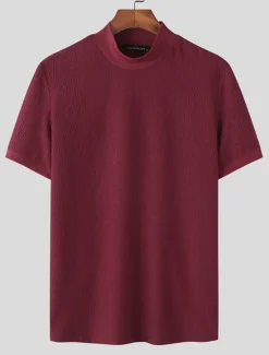 Outlet OUKU Men's T Shirt Knit Tee Tee Top Mock Turtleneck Short Sleeves Turtleneck Summer Plain Fashion Designer Basic Knitting Vacation Street Going out Black White Coffee Top Tee for Men