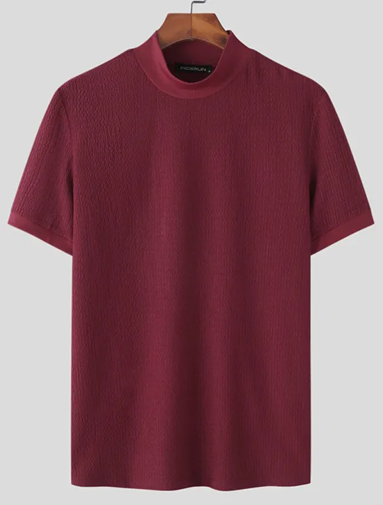 Outlet OUKU Men's T Shirt Knit Tee Tee Top Mock Turtleneck Short Sleeves Turtleneck Summer Plain Fashion Designer Basic Knitting Vacation Street Going out Black White Coffee Top Tee for Men