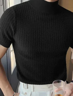 Outlet OUKU Men's T Shirt Knit Tee Tee Top Mock Turtleneck Short Sleeves Turtleneck Summer Plain Fashion Designer Basic Knitting Vacation Street Going out Black White Coffee Top Tee for Men
