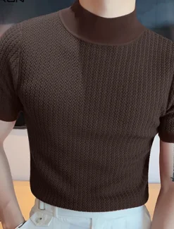 Outlet OUKU Men's T Shirt Knit Tee Tee Top Mock Turtleneck Short Sleeves Turtleneck Summer Plain Fashion Designer Basic Knitting Vacation Street Going out Black White Coffee Top Tee for Men
