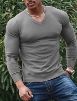 Sale OUKU Men's T Shirt Long Sleeve Shirt Long Sleeve V Neck Spring & Fall Plain Fashion Designer Casual Street Sports Holiday Top Tee for Men Brown