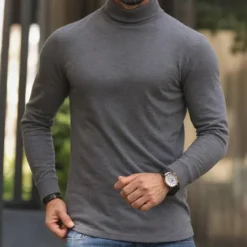 Hot OUKU Men's T Shirt Long Sleeve Shirt Mock Turtleneck Long Sleeve Rolled collar Spring & Fall Plain Fashion Designer Casual Street Sports Holiday Black White Green Top Tee for Men