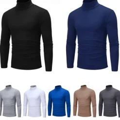 Online OUKU Men's T Shirt Long Sleeve Shirt Mock Turtleneck Long Sleeve Rolled collar Plain Vintage Essential Street Black White Navy Blue Top Tee for Men