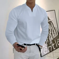 Outlet OUKU Men's T Shirt Long Sleeve Shirt Long Sleeve V Neck Spring & Fall Plain Fashion Designer Casual Street Sports Holiday Black White Gray Top Tee for Men