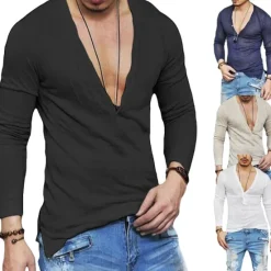 Clearance OUKU Men's T Shirt Long Sleeve Shirt Long Sleeve V Neck Summer Plain Sports Fashion Lightweight Vacation Casual Holiday Black White Navy Blue Top Tee for Men