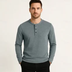 Hot OUKU Men's T Shirt Long Sleeve Solid Neutral Daily Casual Button Up Henley School Home Work All Seasons Deep Green Dark Grey Black Henley T-Shirt