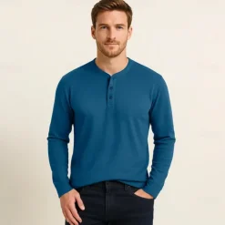 Hot OUKU Men's T Shirt Long Sleeve Solid Neutral Daily Casual Button Up Henley School Home Work All Seasons Deep Green Dark Grey Black Henley T-Shirt