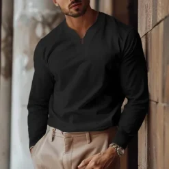 Best OUKU Men's T Shirt Long Sleeve Shirt Long Sleeve V Neck Spring & Fall Plain Fashion Designer Casual Street Sports Holiday Light Blue Dark Grey Black Top Tee for Men