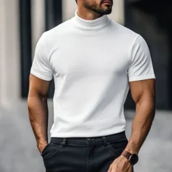 Outlet OUKU Men's T Shirt Mock Turtleneck Short Sleeve Stand Collar Summer Spring Fall & Winter Solid Color Plain Fashion Casual Comfortable Soft Vacation Street Casual Black White Top Tee for Men