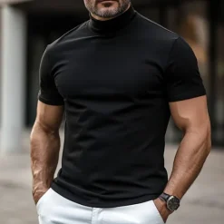 Outlet OUKU Men's T Shirt Mock Turtleneck Short Sleeve Stand Collar Summer Spring Fall & Winter Solid Color Plain Fashion Casual Comfortable Soft Vacation Street Casual Black White Top Tee for Men