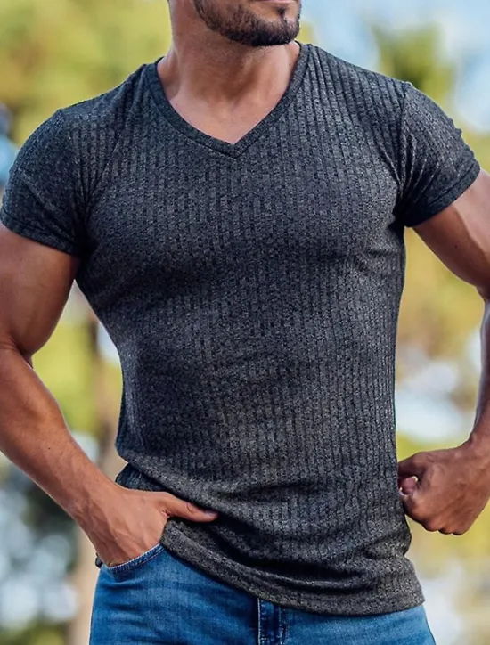 New OUKU Men's T Shirt Muscle Shirt Ribbed Knit tee Short Sleeves V Neck Summer Plain Fashion Streetwear Cool Outdoor Sport Going out Black White Red Top Tee for Men
